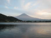 Mount Fuji seen over Lake Kawaguchi at dusk