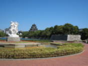 Statue and garden in front of Hiroshima-jo