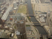 The river and a smoking building