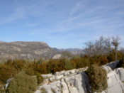The hills behind the rock face