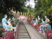 Colourful Buddhas on a path above the temple