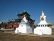 Some large stupas with a temple
